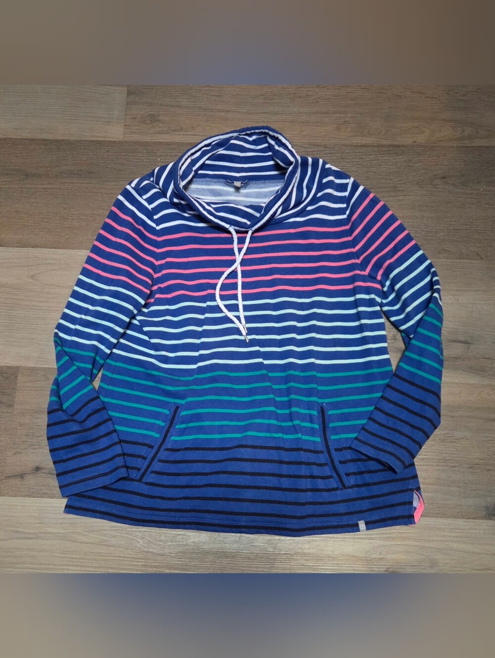 T by Talbots Striped Cowl Neck Hoodie Pullover Blue Pink Ombre Size L ~ B1W